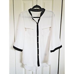 Idea L White Top Blouse Plus Size Large Black Piping Pockets Roll Tab Slvs Hi-Lo